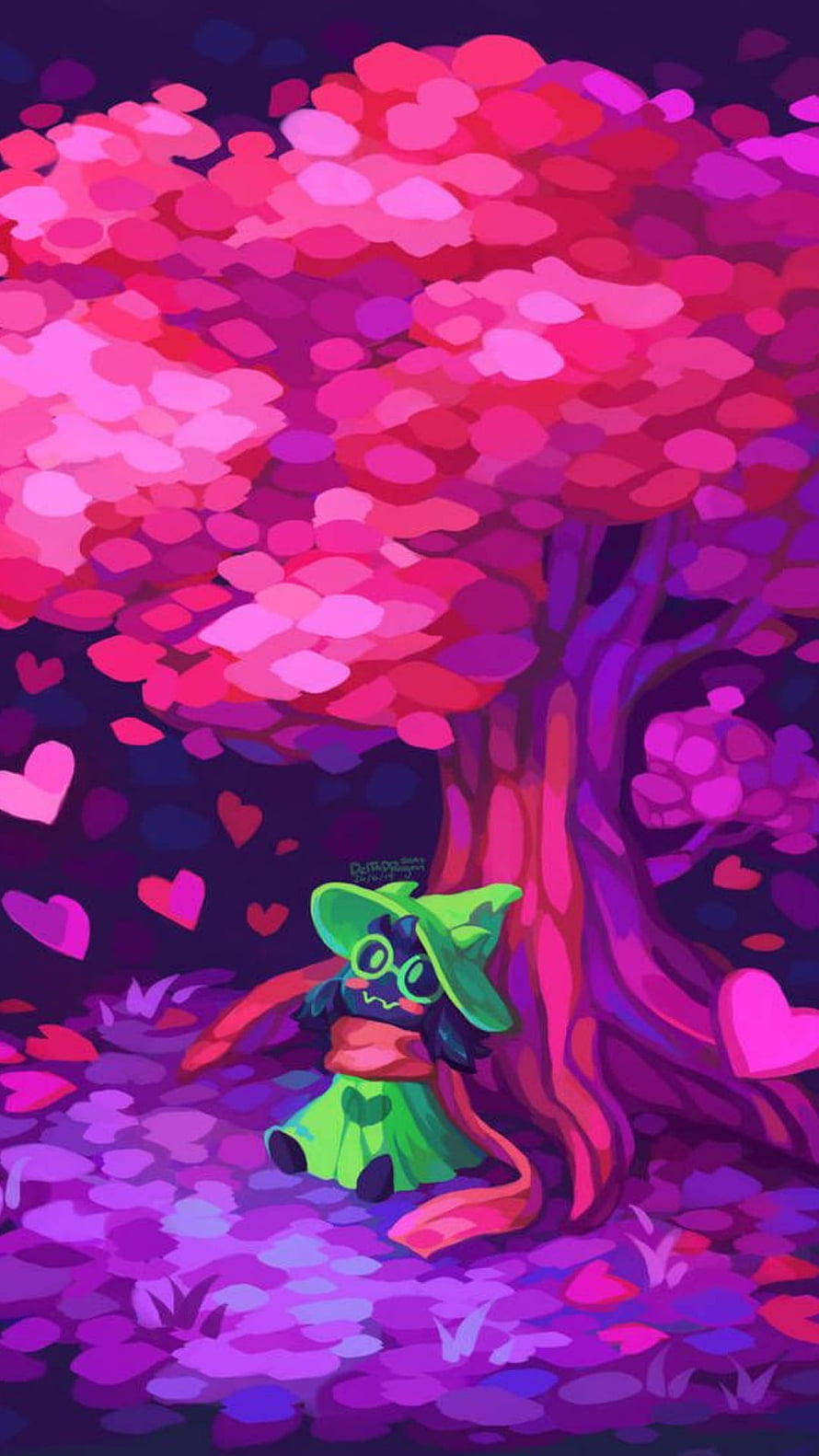 Ralsei from Deltarune Sitting Under a Vibrant Pink and Purple Heart Tree HD phone wallpaper
