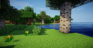 Minecraft Birch Forest Landscape with Lake and Dandelions HD wallpaper