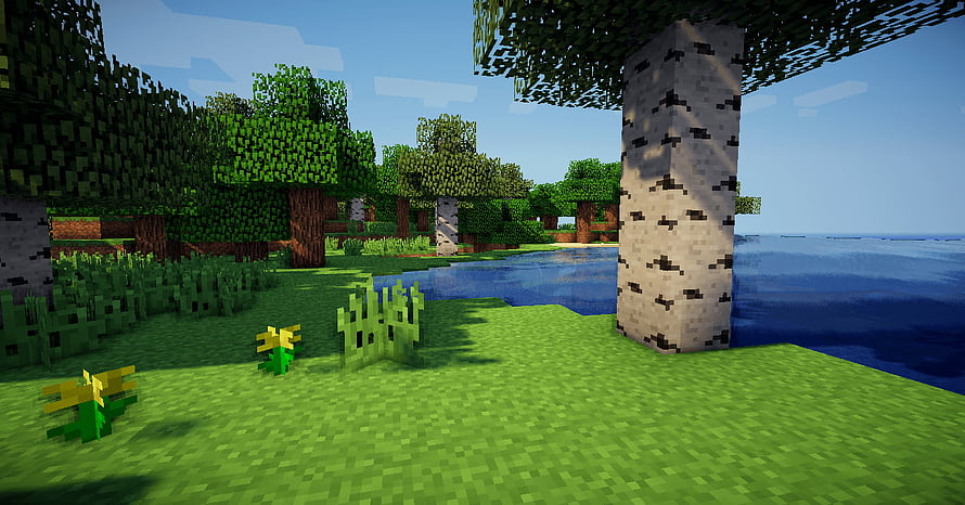 Minecraft Birch Forest Landscape with Lake and Dandelions HD wallpaper