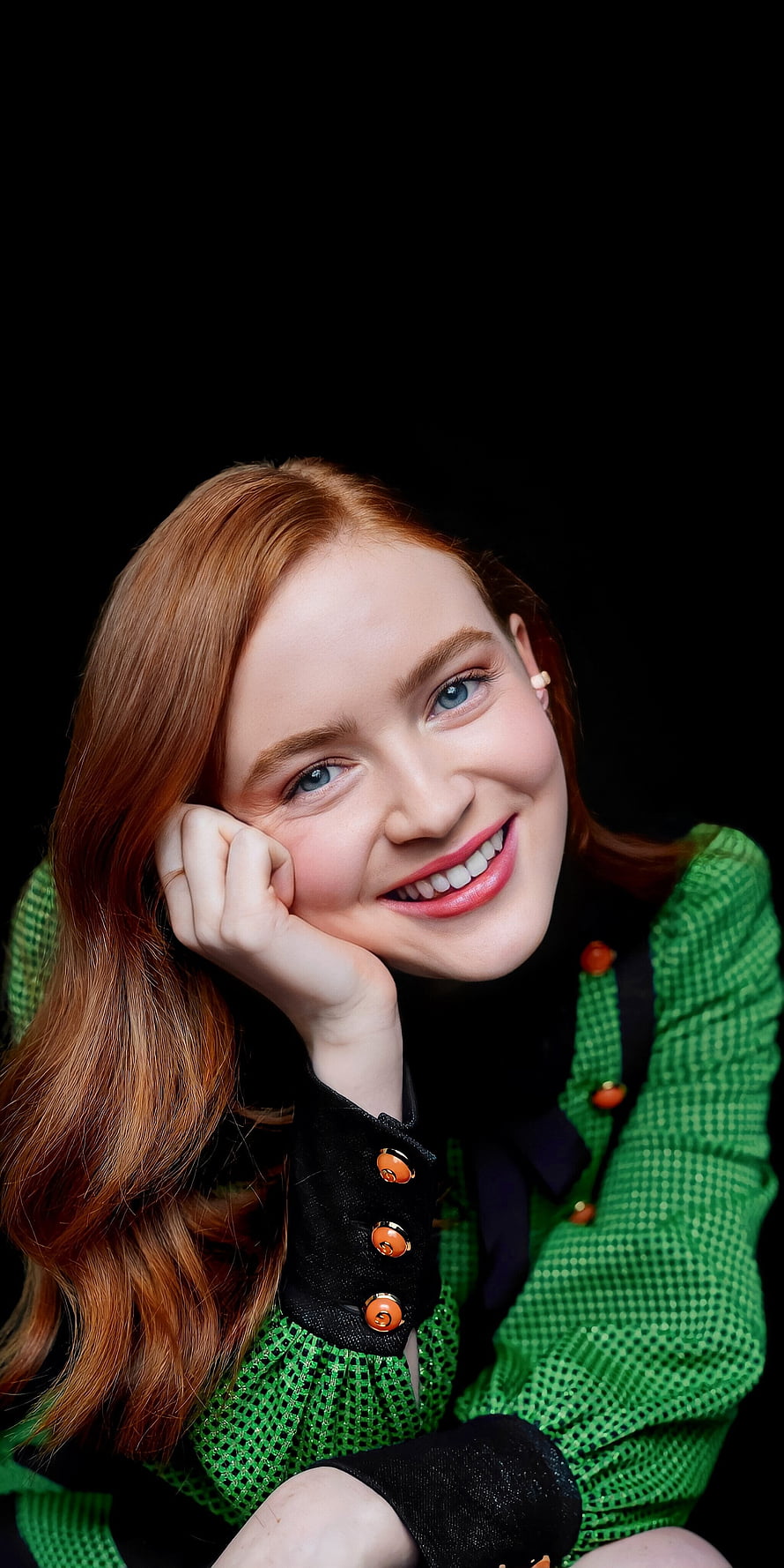 Sadie Sink Portrait in Green Textured Dress with Red Hair and Black Background HD phone wallpaper