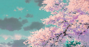 Anime Style Cherry Blossom Tree Branches Against Teal Sky HD wallpaper
