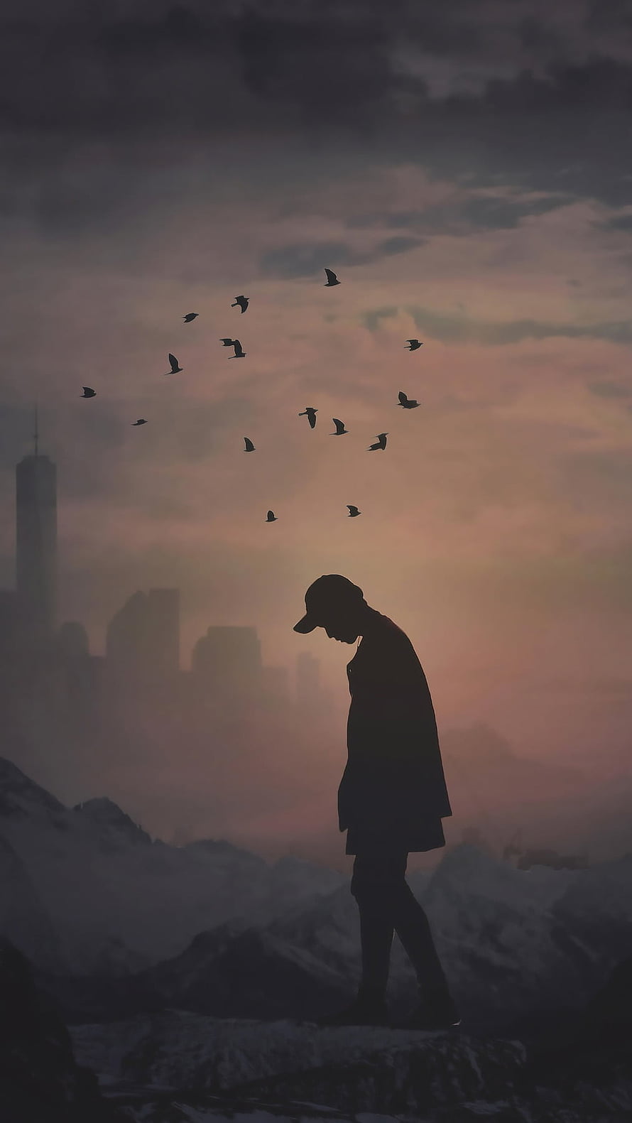 Melancholic Silhouette of a Man Walking with Birds Flying Over a Misty City Skyline at Dusk, Depressing, Sad Man, Art HD phone wallpaper