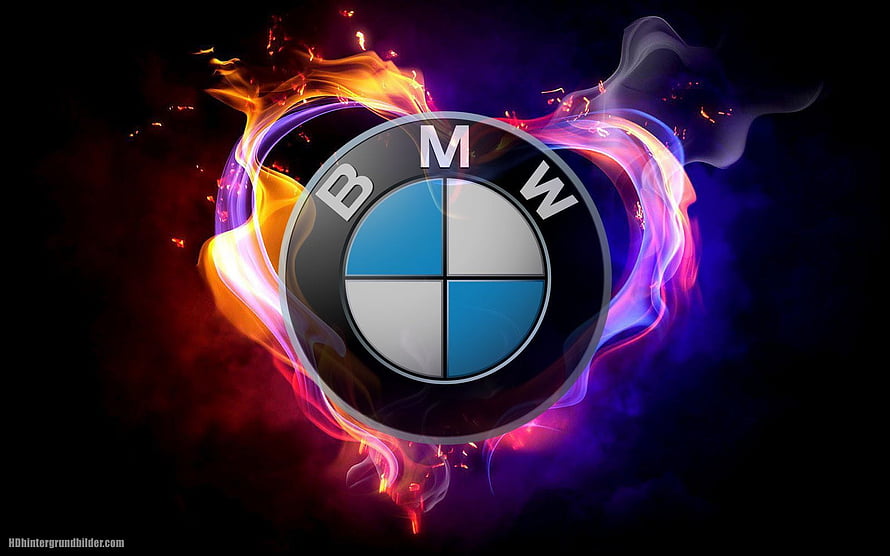 BMW Logo Surrounded by Vibrant Neon Flames and Swirling Smoke on Dark Background HD wallpaper