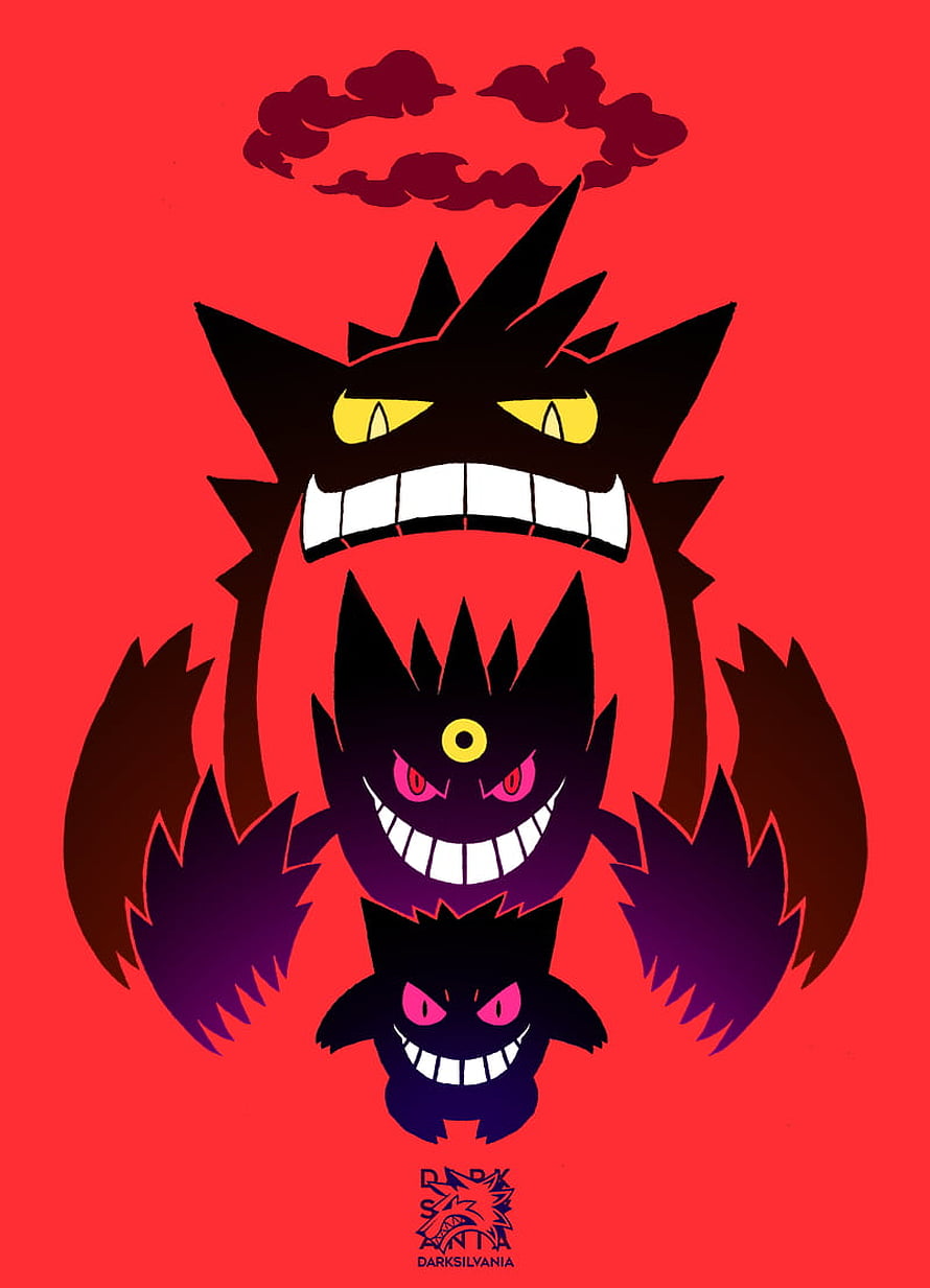 Gengar Evolution Lineup Artwork Featuring Gigantamax and Mega Forms on Red Background HD phone wallpaper