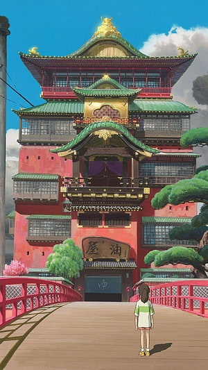 Spirited Away Bathhouse Scene with Chihiro Standing on the Bridge HD phone wallpaper