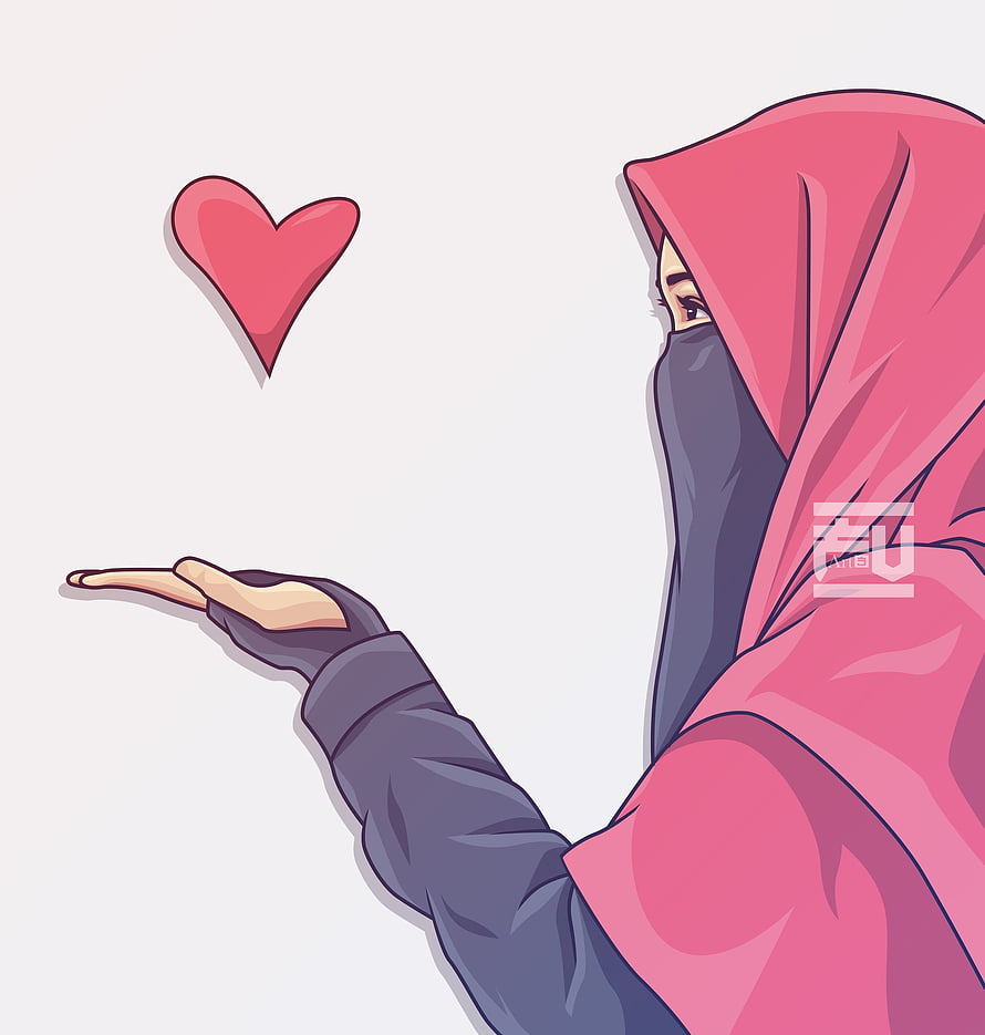 Illustration of a woman in a pink hijab and niqab holding out her hand to a floating red heart, Instagram Islamic Couple Cartoon Dp, Anime Muslim Couple HD phone wallpaper