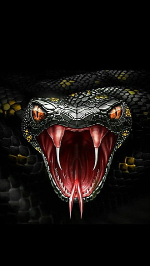 Fierce Black Viper with Glowing Amber Eyes and Open Venomous Mouth HD phone wallpaper