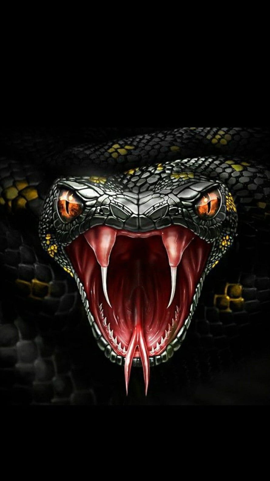 Fierce Black Viper with Glowing Amber Eyes and Open Venomous Mouth HD phone wallpaper