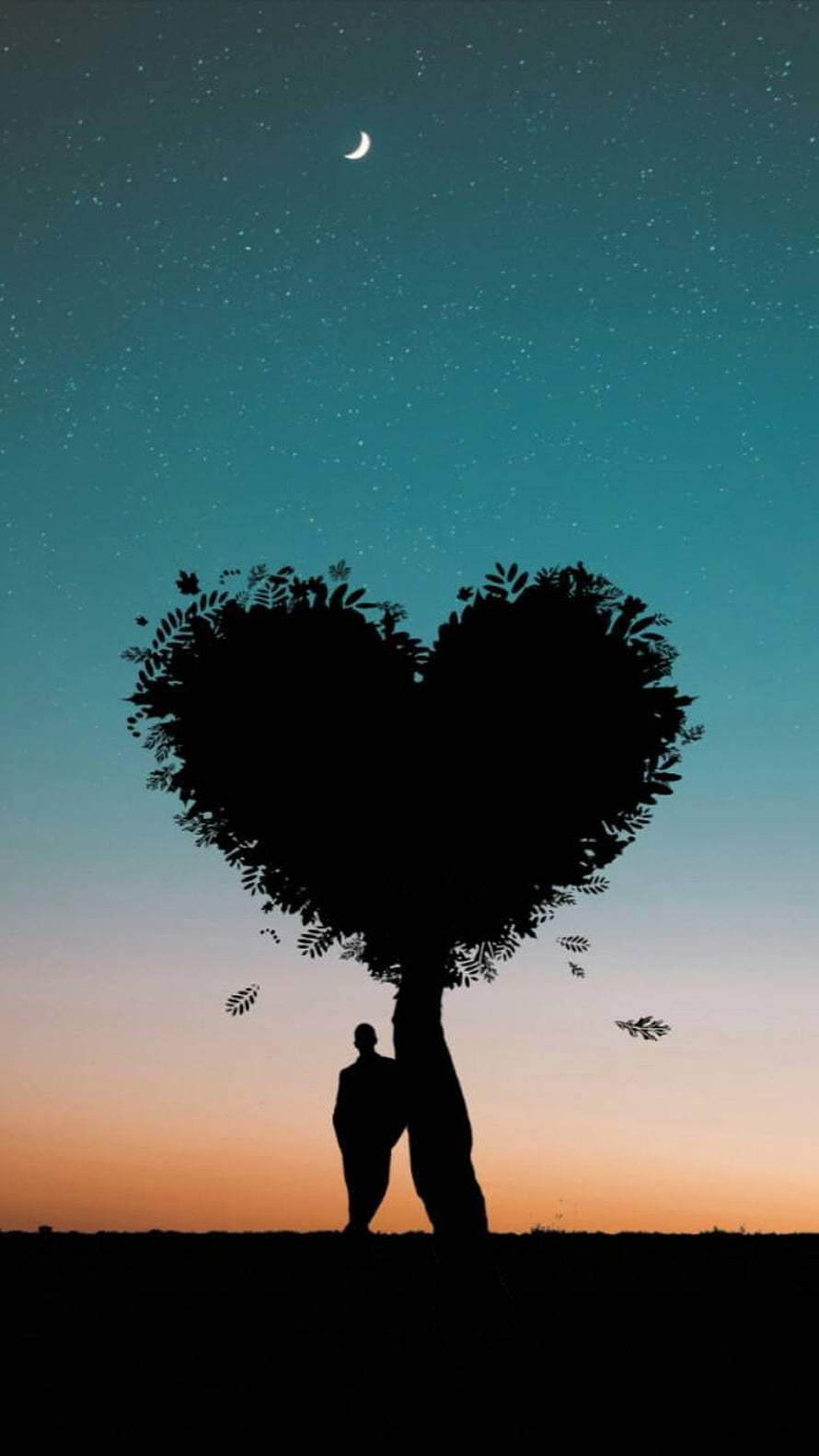 Silhouette of a person standing beneath a heart-shaped tree under a starry night sky with a crescent moon HD phone wallpaper
