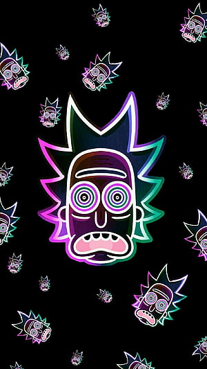 Neon Psychedelic Rick and Morty Character Face Pattern on Black Background HD phone wallpaper