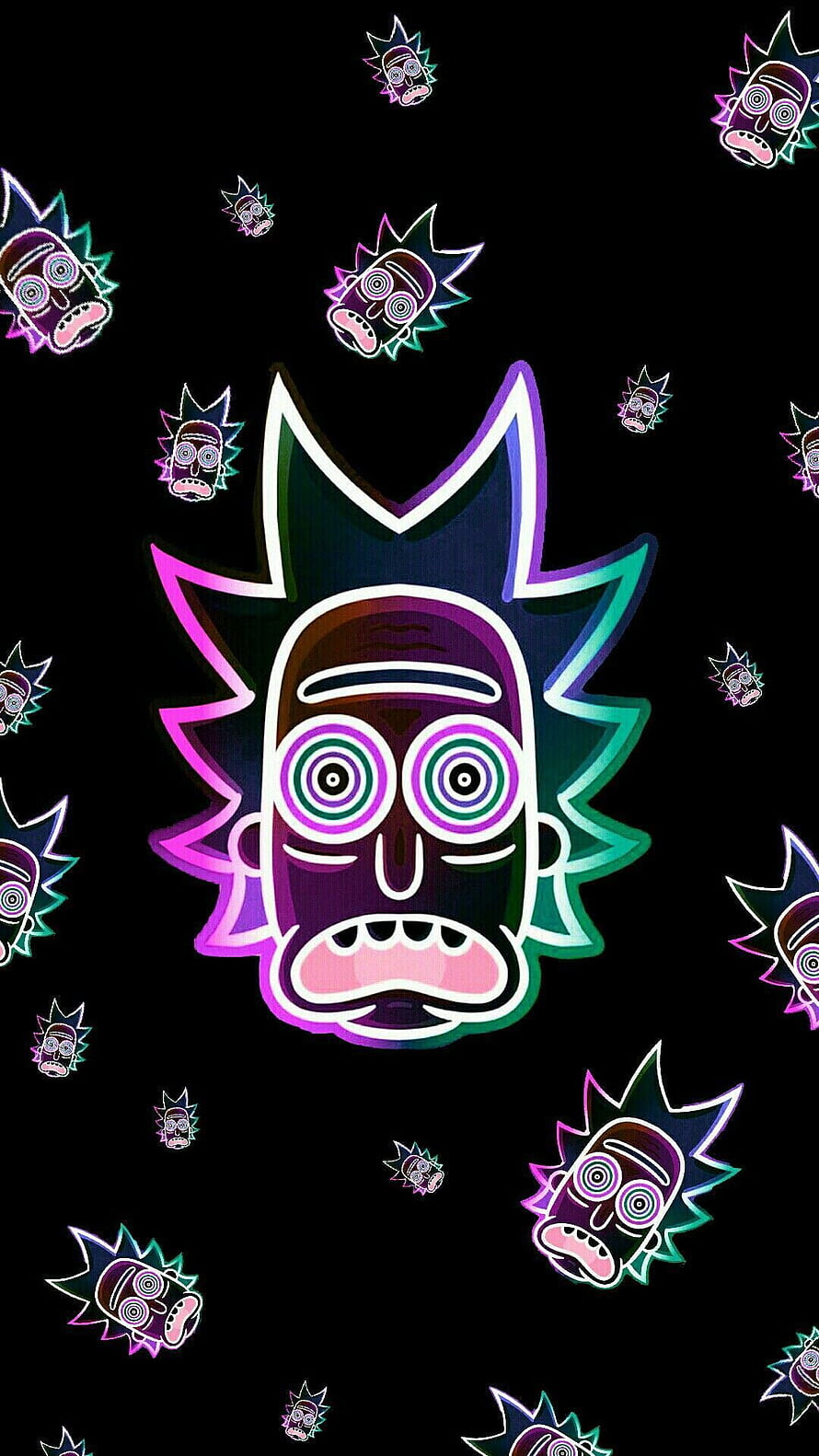 Neon Psychedelic Rick and Morty Character Face Pattern on Black Background HD phone wallpaper