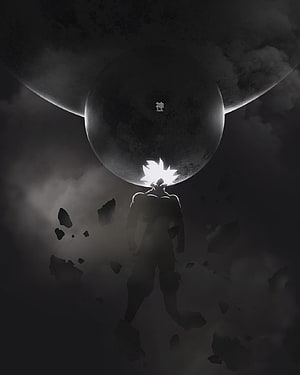 Silhouette of Goku in Ultra Instinct Form Floating Among Space Debris and Planets HD phone wallpaper