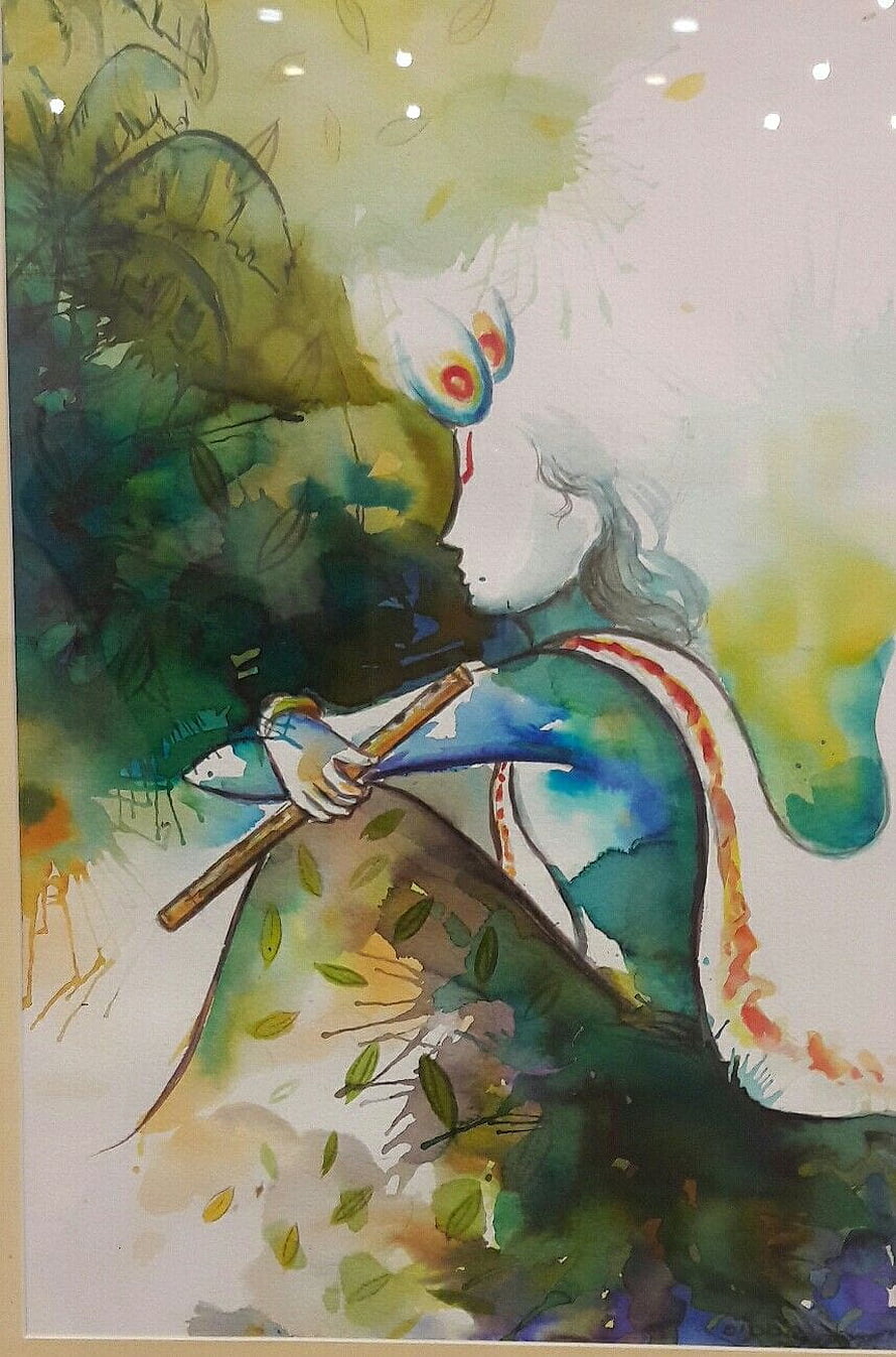Watercolor Illustration of a Mystical Forest Spirit Playing a Flute HD phone wallpaper