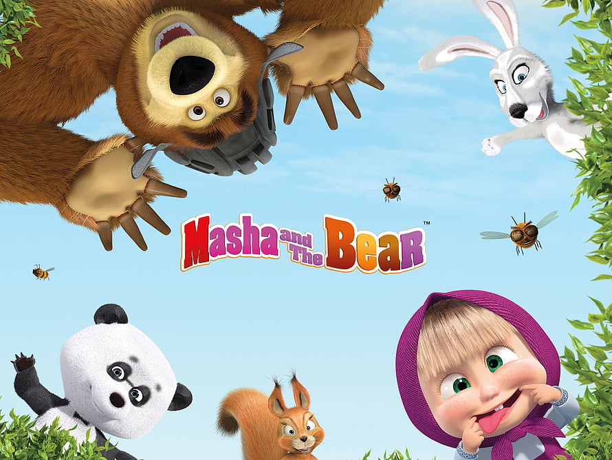 Masha and the Bear animated characters group wallpaper featuring Masha, Bear, Panda, Rabbit, and Squirrel HD wallpaper