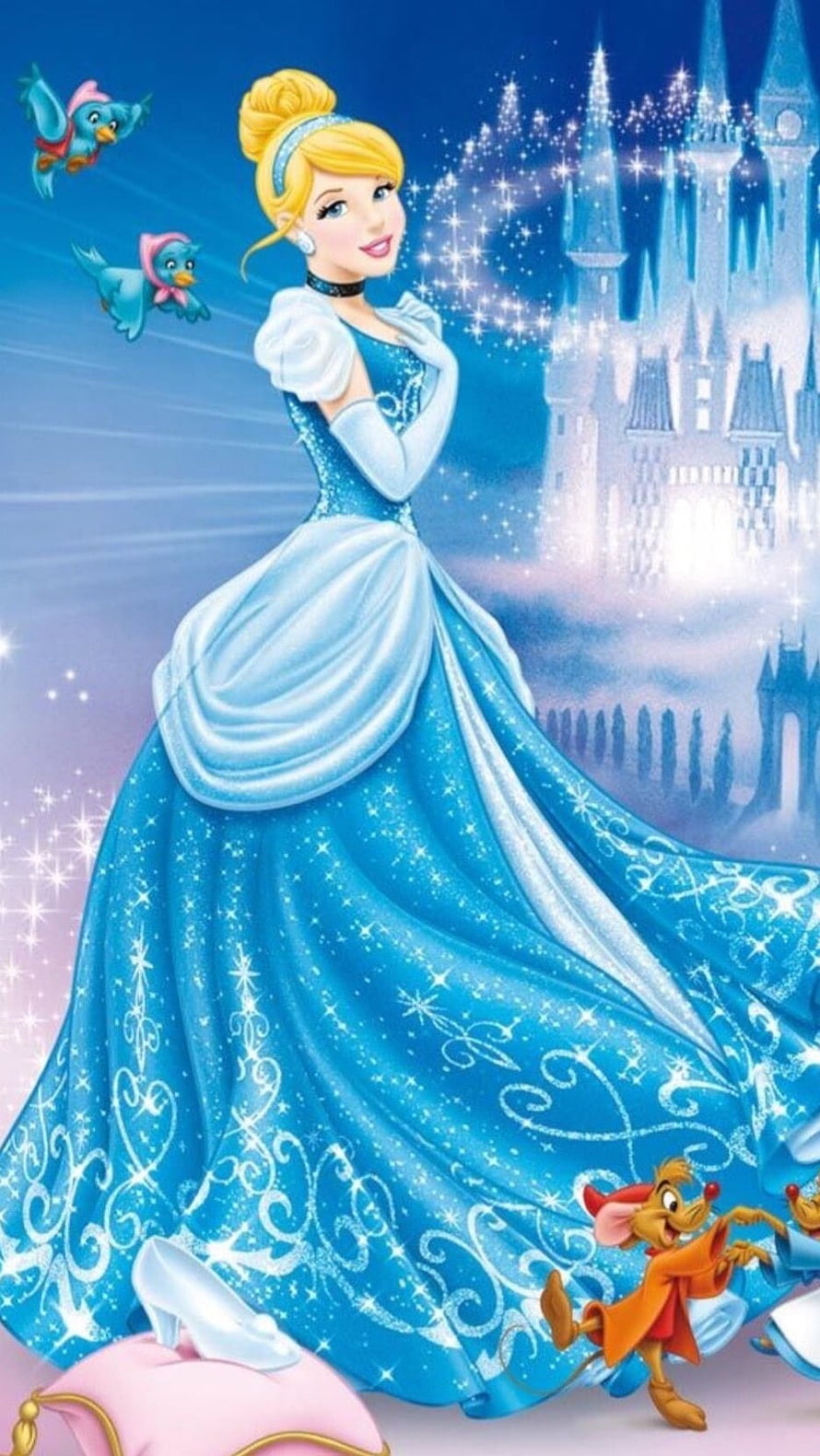 Cinderella in Blue Ball Gown with Castle and Animals HD phone wallpaper