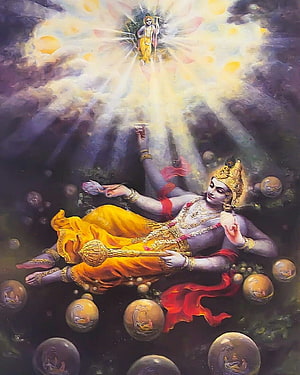 Lord Vishnu Reclining on Sheshanaga in the Cosmic Ocean of Milk HD phone wallpaper
