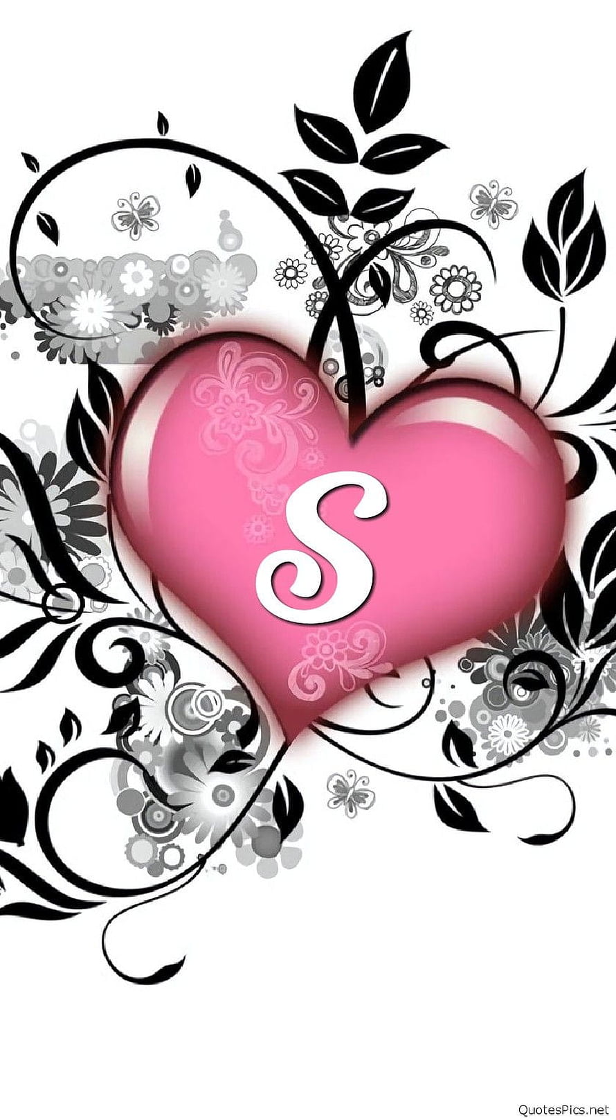 Pink Heart With Letter S And Floral Vines HD phone wallpaper