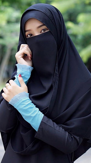 Portrait of a woman wearing a black niqab and hijab with light blue cuffs, Muslim Girl, Gurkha, Girl HD phone wallpaper