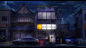 Initial D Night Scene with AE86 and Silvia at Fujiwara Tofu Shop HD wallpaper