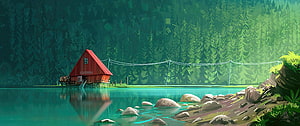 Red Cabin on Turquoise Lake Surrounded by Dense Pine Forest HD wallpaper