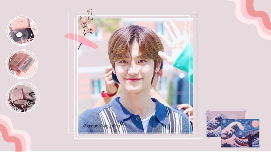 Jaemin NCT smiling in a blue striped polo shirt with a soft pastel aesthetic collage HD wallpaper