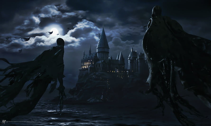 Harry Potter Dementors Approaching Hogwarts Castle Under a Dark Moonlit Sky HD wallpaper