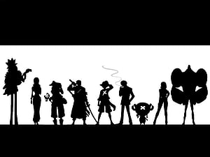 One Piece Straw Hat Crew Silhouette Lineup Black and White Minimalist Art HD wallpaper