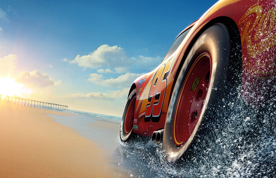 Lightning McQueen Racing on the Beach in Cars 3 HD wallpaper