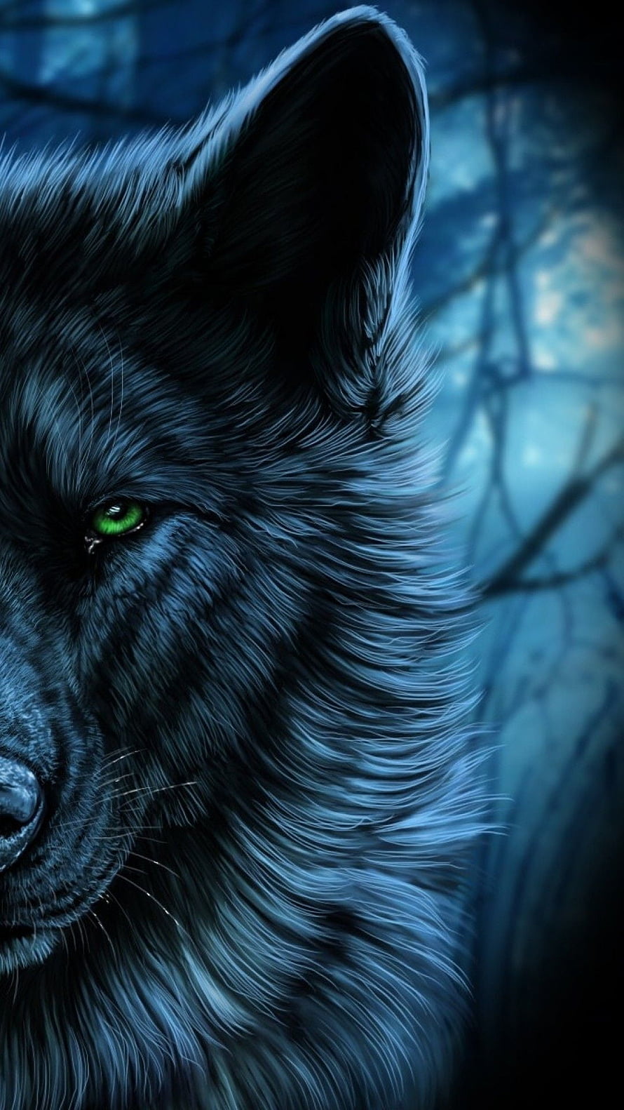 Majestic Black Wolf Portrait With Glowing Green Eyes In Dark Forest HD phone wallpaper