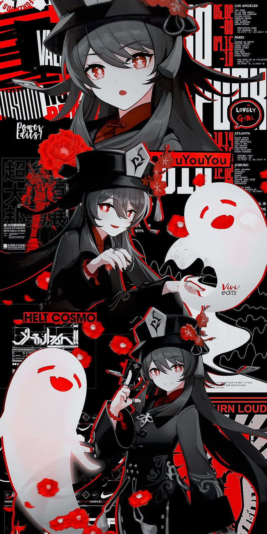 Hu Tao Genshin Impact Anime Wallpaper With Red Flowers And Ghost HD phone wallpaper