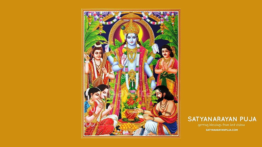 Satyanarayan Puja Wallpaper Featuring Lord Vishnu and Devotees HD wallpaper