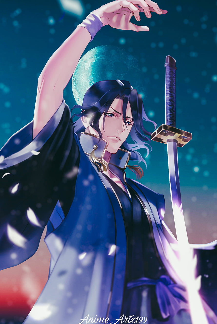 Byakuya Kuchiki from Bleach in a dramatic pose with katana under a full moon HD phone wallpaper