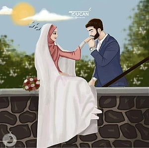 Islamic Couple Digital Illustration: Bride in Hijab and Groom Sharing a Tender Moment on a Balcony HD wallpaper