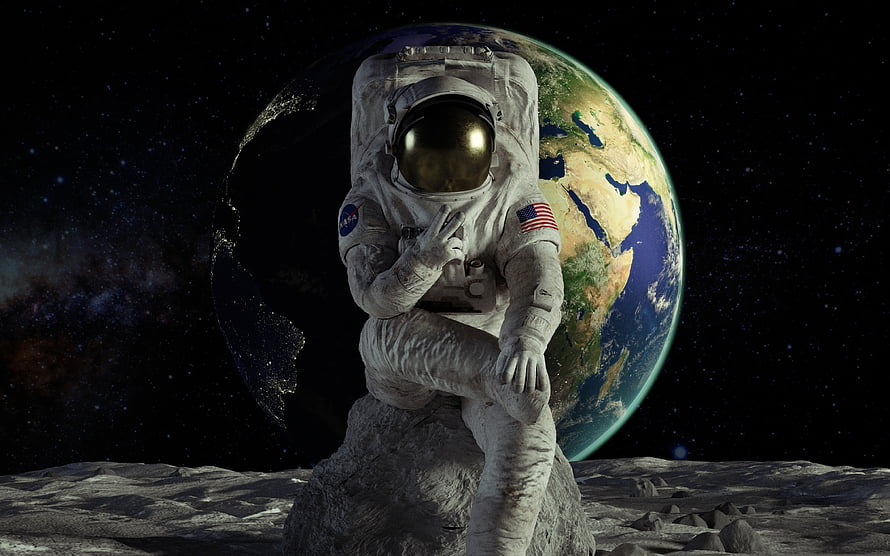 Astronaut Seated on Lunar Rock with Earth Rising in the Background HD wallpaper