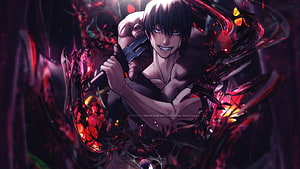 Anime Male Character Wielding Trishula Spear Surrounded by Dark Red Energy HD wallpaper