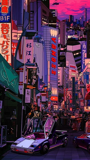 Neon-lit cyberpunk city street with futuristic sports car and glowing Japanese signs at sunset HD phone wallpaper