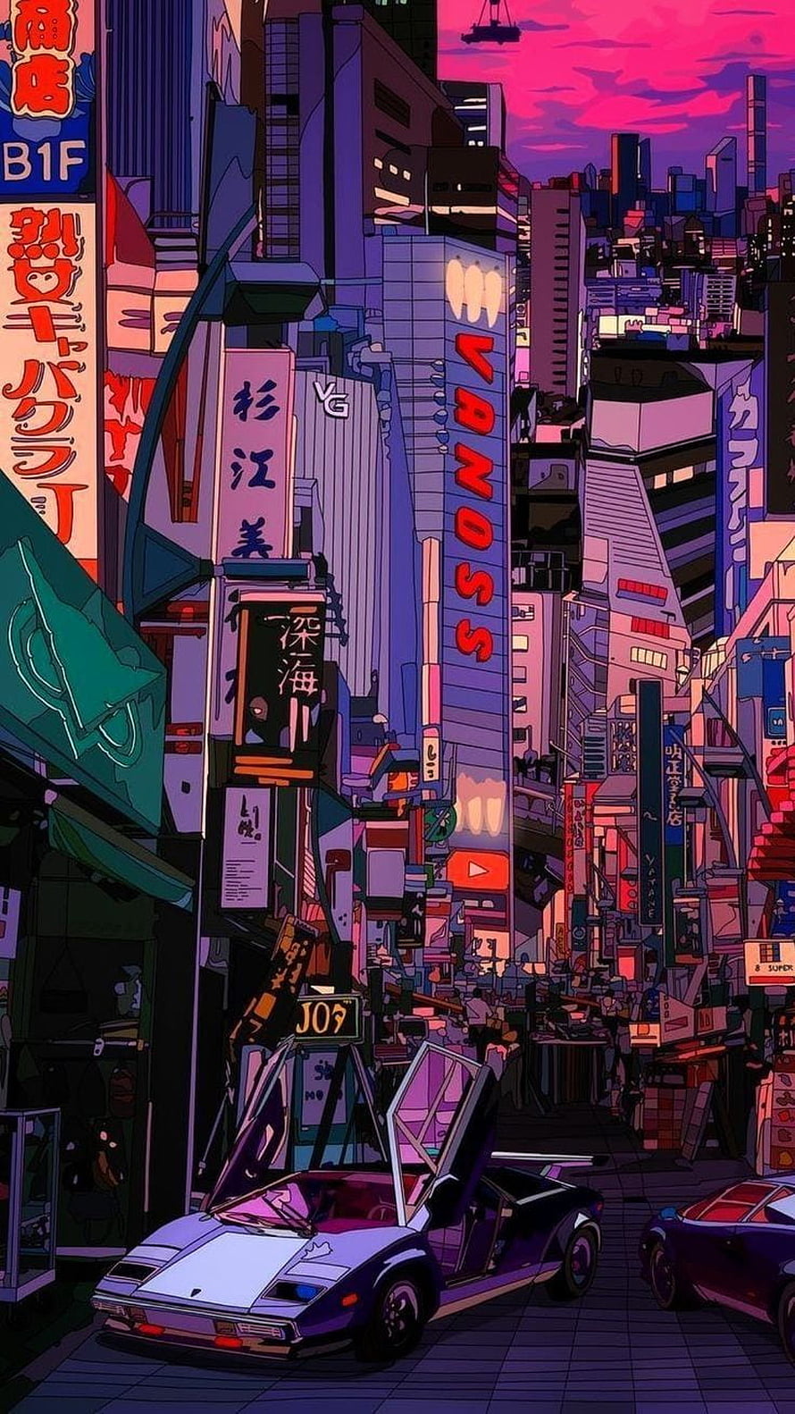 Neon-lit cyberpunk city street with futuristic sports car and glowing Japanese signs at sunset HD phone wallpaper