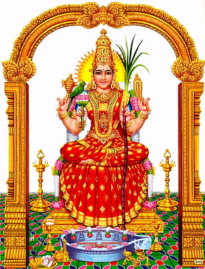 Mariamman Deity Illustration in Traditional Red Attire with Golden Temple Arch and Ritual Offerings, Mariamman God Amman Clipart HD phone wallpaper