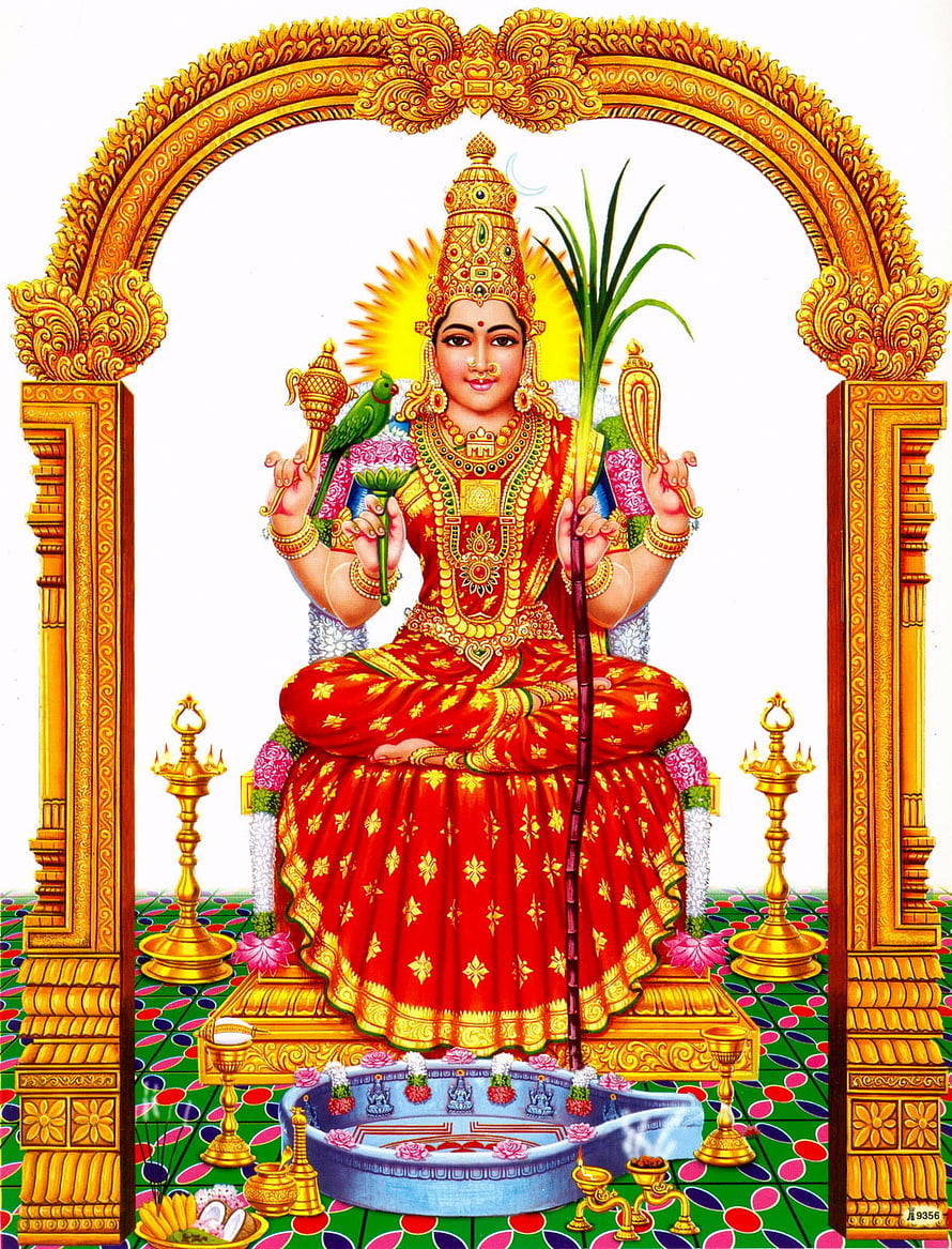 Mariamman Deity Illustration in Traditional Red Attire with Golden Temple Arch and Ritual Offerings, Mariamman God Amman Clipart HD phone wallpaper