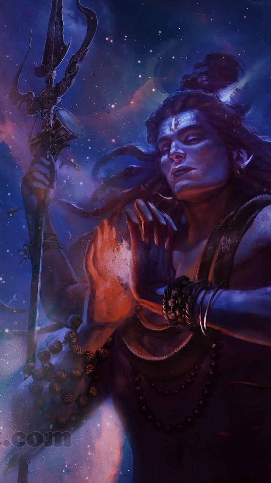 Blue Skinned Hindu God Shiva Holding Trishul and Damru in Cosmic Background HD phone wallpaper