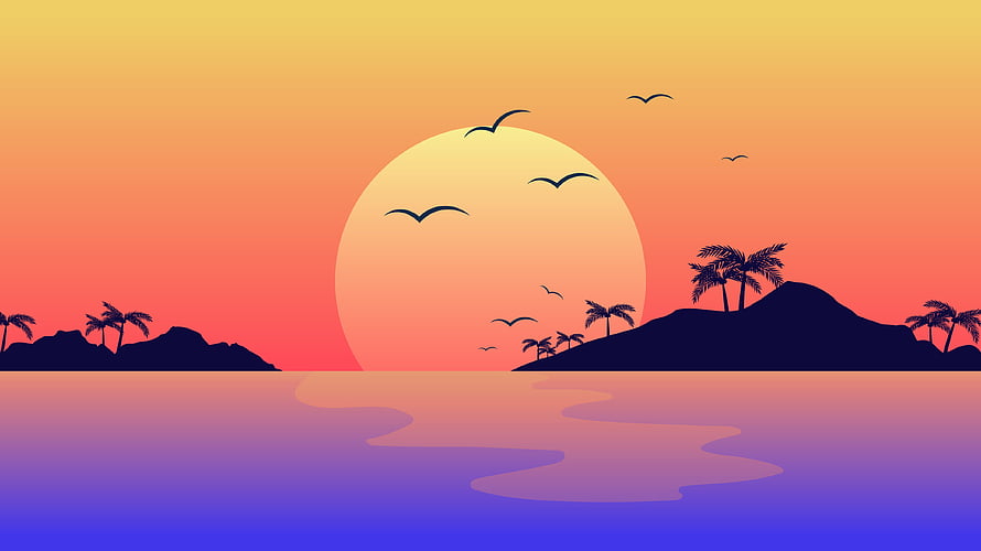 Tropical Island Sunset with Palm Trees and Birds in Retro Digital Art Style HD wallpaper