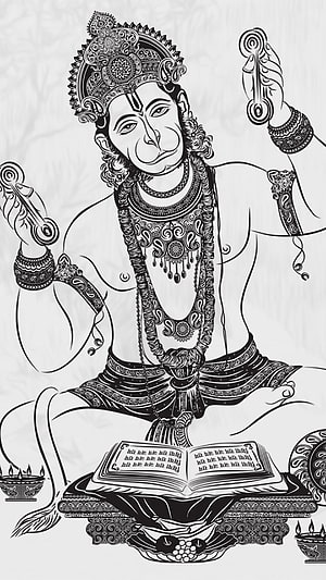 Hanuman Black and White Line Art Illustration with Sacred Text and Diya, Hanuman, sketch poster HD phone wallpaper