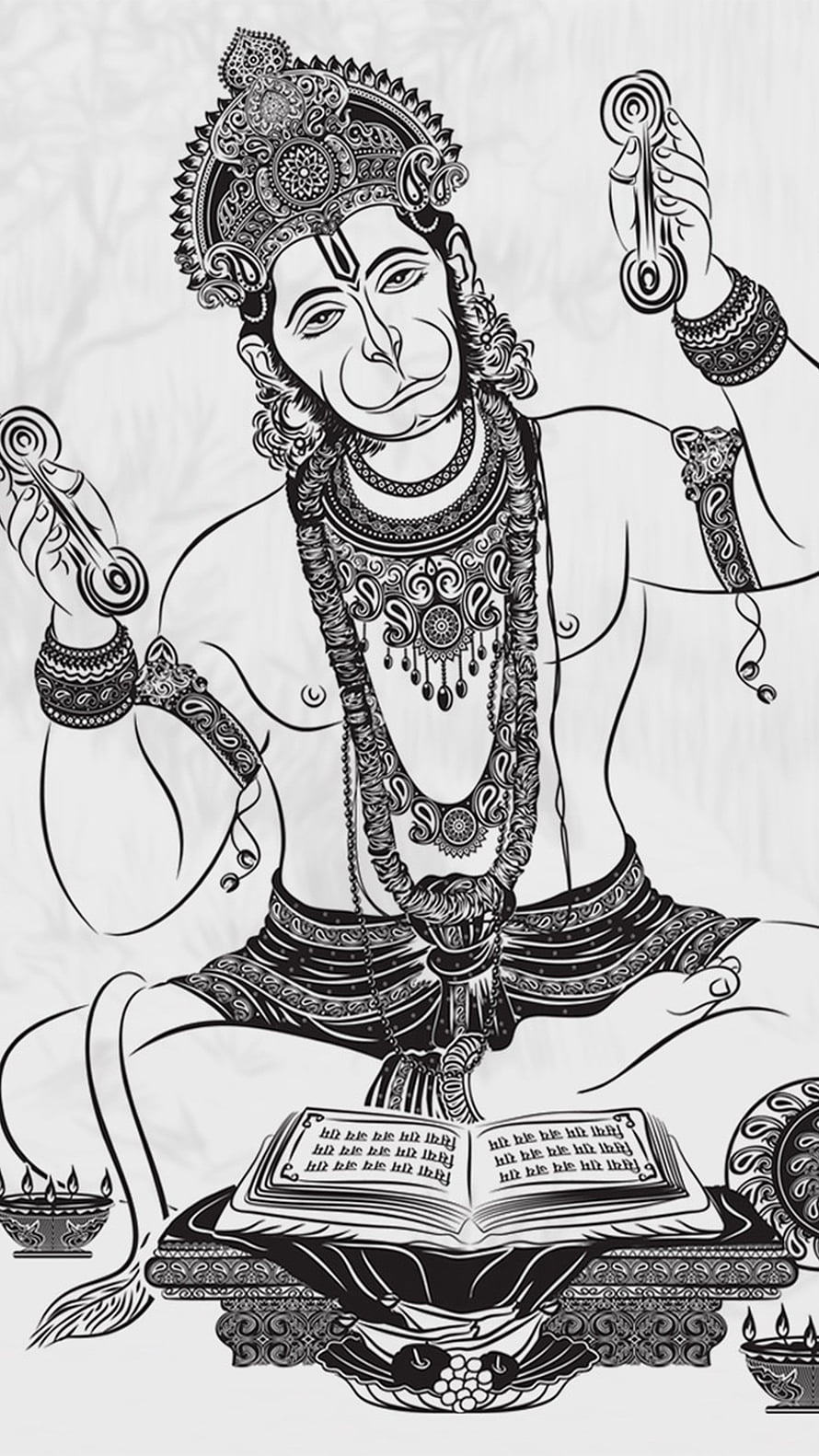 Hanuman Black and White Line Art Illustration with Sacred Text and Diya, Hanuman, sketch poster HD phone wallpaper