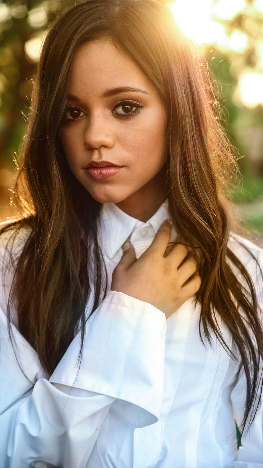 Jenna Ortega Portrait in White Shirt with Golden Hour Sunlight HD phone wallpaper