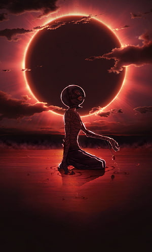 Mummy Figure Kneeling in Water Under Red Solar Eclipse HD phone wallpaper