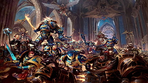 Ultramarines Space Marines Battle Scene in Gothic Cathedral with Power Armor and Glowing Weapons HD wallpaper