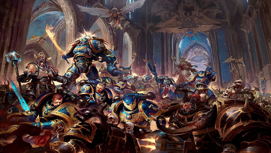 Ultramarines Space Marines Battle Scene in Gothic Cathedral with Power Armor and Glowing Weapons HD wallpaper