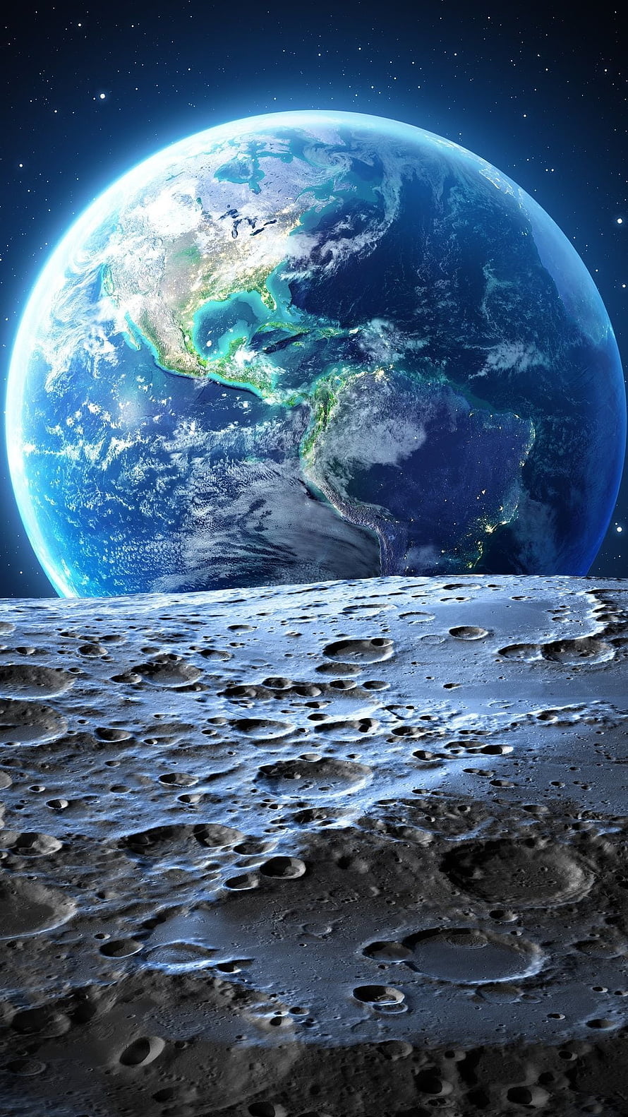 Earth Rising Over The Moon Surface With Craters And Stars In Deep Space HD phone wallpaper