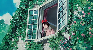 Kiki's Delivery Service Anime Scene: Kiki and Jiji Peeking from a Flower-Covered Window HD wallpaper