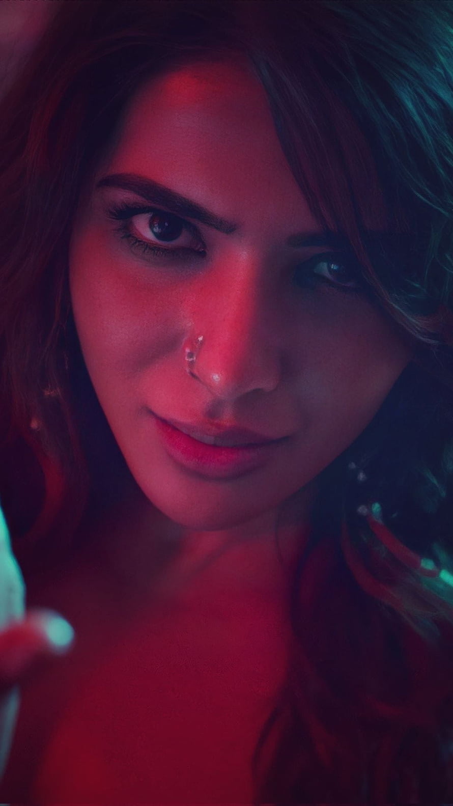 Portrait of a woman with a nose ring illuminated by dramatic red and blue neon lighting, Samantha Akkineni, samantha, pushpa, oo antava mava HD phone wallpaper